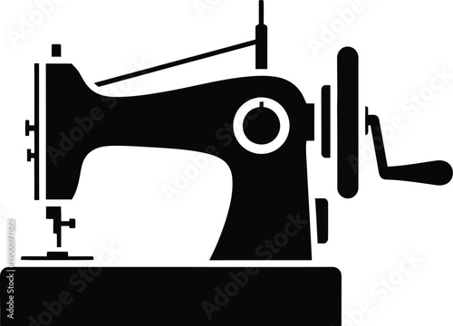A black silhouette icon of a vintage sewing machine with a hand crank on a white background.