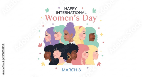 Diverse women celebrate international women's day on march 8 with colorful illustration
