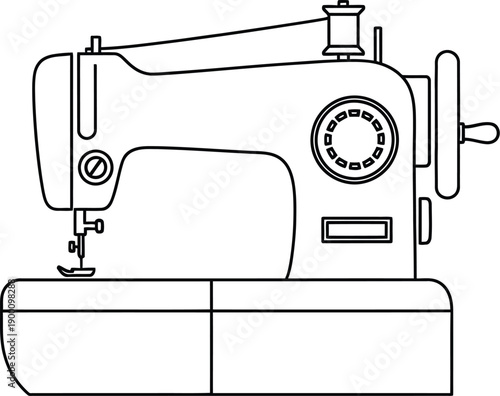 A line art illustration of a domestic sewing machine, depicting its components in a minimalist style.