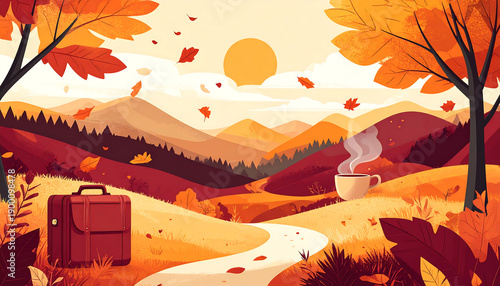 Wallpaper Mural Autumn landscape illustration with leaves falling and a briefcase next to a coffee Torontodigital.ca