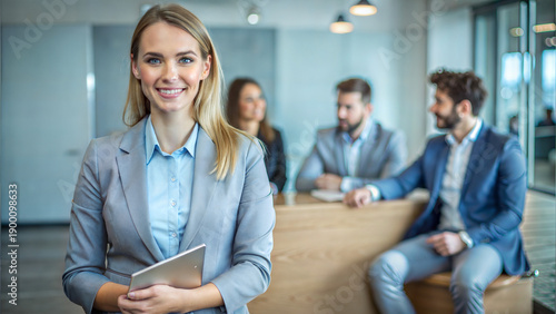 Smiling job candidate presenting in a reception area with colleagues in the background