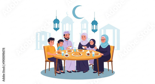 Muslim family gathering for iftar meal on ramadan with traditional food and drinks