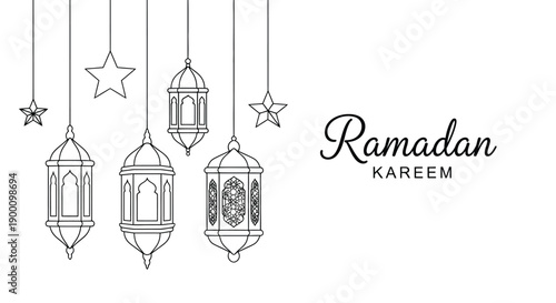 Four ornate hanging lanterns frame the Ramadan Kareem text.