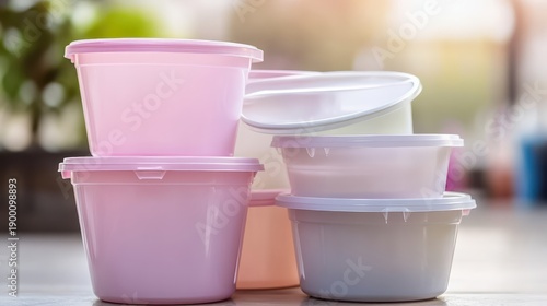Stacks of translucent plastic storage containers with secure lids for organizing food and household items