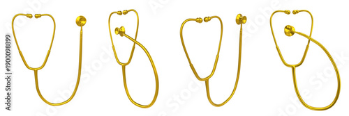 Luxury high-quality vector set of a gold 3d rendered stethoscope shown from multiple angles, isolated. Ideal for medical, healthcare, hospital, doctor, clinic, and insurance concepts. Elegant premium.