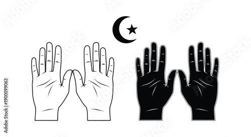 Two hands show open palms beneath a crescent moon symbol.