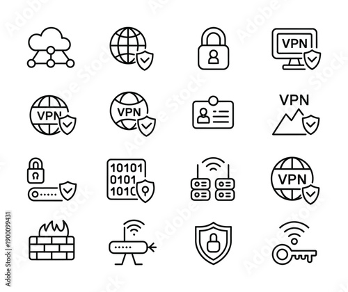 Variety of vector icons representing cybersecurity and vpn services