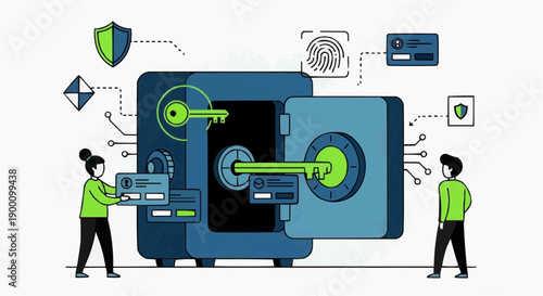 Digital security concept with people interacting with a large open safe keys fingerprint and credit cards symbolizing data protection