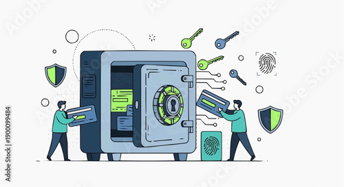 Two men securing large safe with shields keys and fingerprint authentication symbolizing data protection and security measures