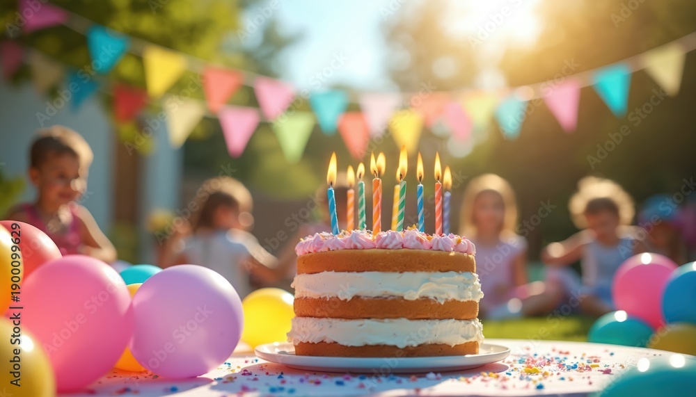 Obraz premium Children enjoy sunny backyard birthday party. Festive cake with lit candles sits on table near colorful balloons. Happy kids celebrate outdoor event on grass.