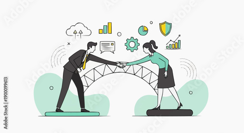 Businessman and businesswoman shaking hands over a bridge with business icons and graphs in the background symbolizing partnership