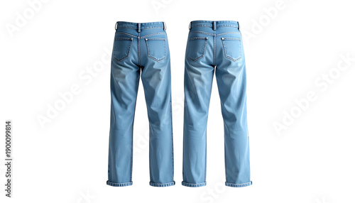 Pair of light blue denim jeans, back view, digitally rendered against a black backdrop