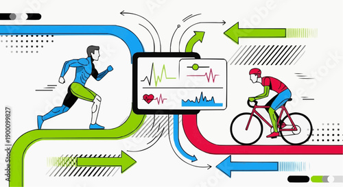 Active individuals exercising running and cycling tracked by a fitness app on a smartphone with health metrics displayed