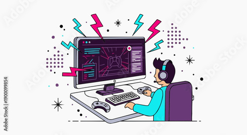 Excited programmer typing on keyboard while working on futuristic code interface on vibrant screen with dynamic lighting effects