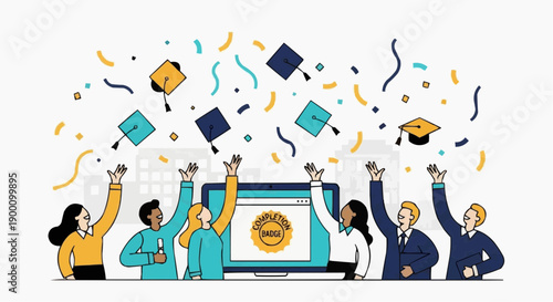 Group of people celebrating graduation with confetti and diplomas around a laptop with certificate on screen