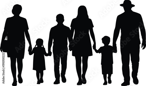 Extended family silhouettes walking together holding hands, parents grandparents and children unity concept, black family figures isolated on white background
