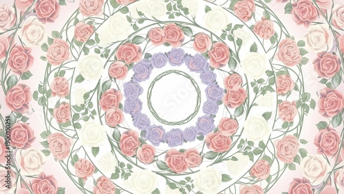 Romantic Pastel Rose Floral Wreath Pattern with Circular Botanical Frame
