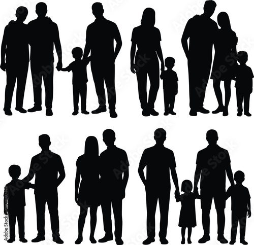 Family silhouettes with parents and children standing together isolated on white background, happy family relationships, black people vector illustration