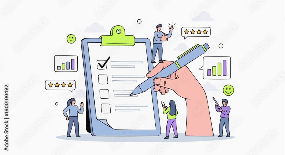 Fototapeta premium Hand holding pen checking survey form with people analyzing data and giving feedback around it colorful flat design positive emotions