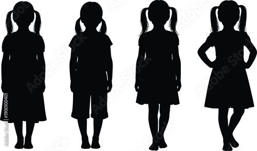 Girl Silhouette Child Standing Pose Collection Kids Female Black Isolated White Background Childhood Vector Illustration People Concept
