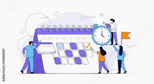 Team collaborating on scheduling with large calendar and clock people working together on planning and organization productivity