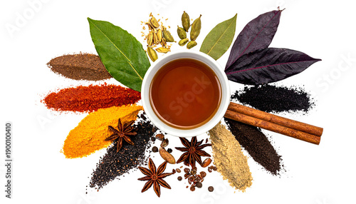 Overhead shot of a white bowl of tea surrounded by spices in a circular arrangement