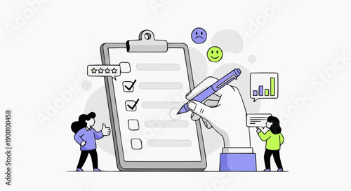 Vector illustration of people reviewing checklist on clipboard with hand holding pen and charts nearby on white background