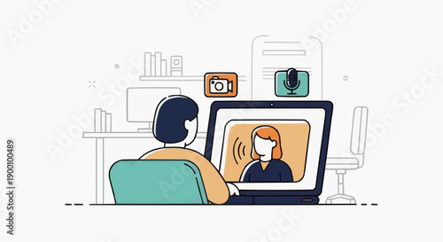 Person working on laptop in modern office indoor workspace with virtual video conference