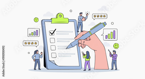 Hand holding pen checking survey form with people analyzing data and giving feedback around it colorful flat design positive emotions