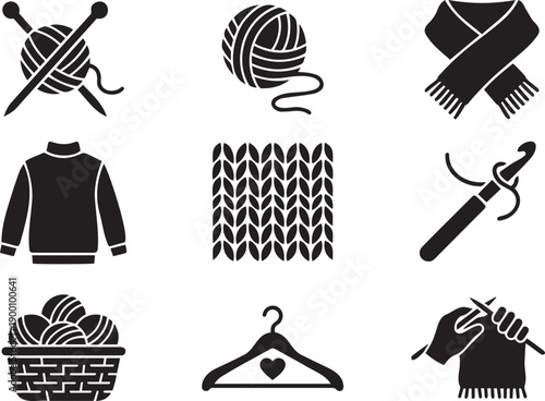 Knitting and Handmade Craft Solid Black Icon Set with Yarn, Needles and Clothing Items