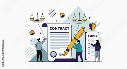 Business professionals finalizing contract terms with legal documents and scales of justice in a modern flat design style
