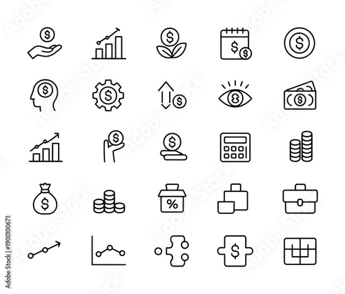 Collection of finance-related vector icons depicting money, growth, and savings
