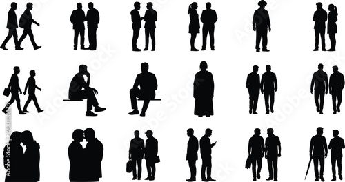 people, silhouettes, communication, interaction, conversation, walking, standing, lifestyle, social, business, men, women, urban, black, white, cad, drawing, flat, vector, illustration