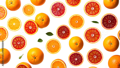 Overhead shot of whole and sliced citrus fruit on a black background, with green leaves