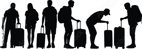 Travelers,People,Silhouette,Travel,Luggage,Suitcase,Backpack,Journey,Trip,Tourism,Vacation,Passenger,Commute,Transport,Airport,Walking,Standing,Waiting,Black,White