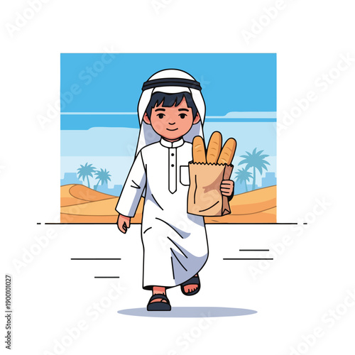 Boy in traditional Middle Eastern clothing walking with bread