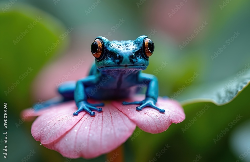 Fototapeta premium Blue poison dart frog sits on pink flower petal. Small amphibian with big eyes rests on plant in rainforest. Creature has bright skin and wet body. Wild animal macro.