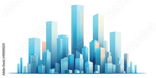 An abstract blue cityscape illustration featuring a 3d vector skyline of urban skyscrapers and architectural buildings forming a modern metropolis panorama for business and office design