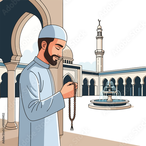 Man in traditional attire praying with rosary at mosque courtyard