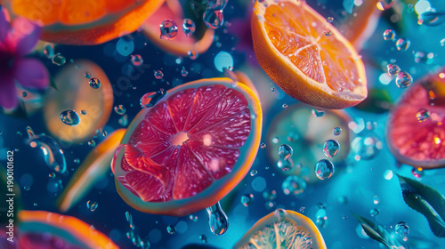 Vibrant citrus slices float in water, surrounded by bubbles, creating a refreshing and colorful underwater scene.