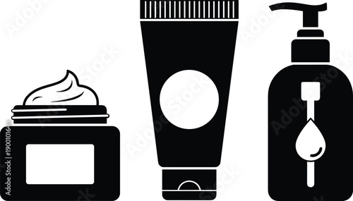 Set of 3 black silhouette cosmetic icons showing cream jar, lotion tube, and pump bottle for skincare and personal care