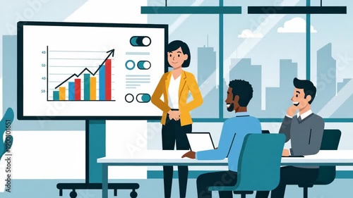 Business presentation in modern office with diverse team analyzing growth charts and company performance featuring corporate woman explaining strategy