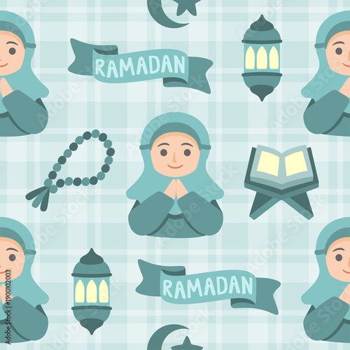 Ramadan Kareem Seamless Pattern with Islamic Symbols and Hijab Woman 