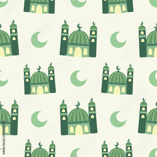 Ramadan Mosque Seamless Pattern with Crescent Moon in Green Pastel Style 