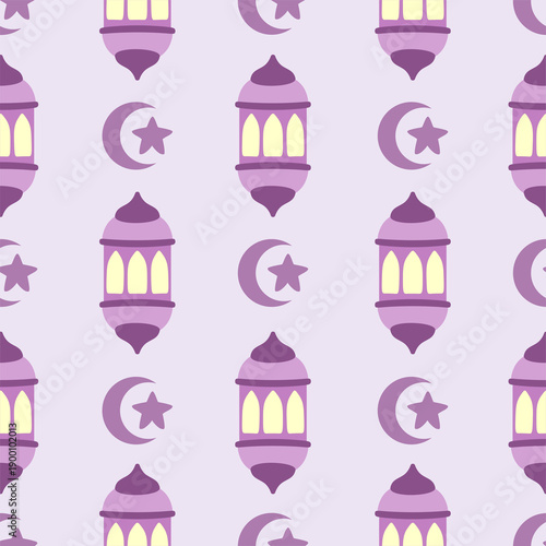 Ramadan Lantern Seamless Pattern with Crescent Moon and Star in Purple Pastel