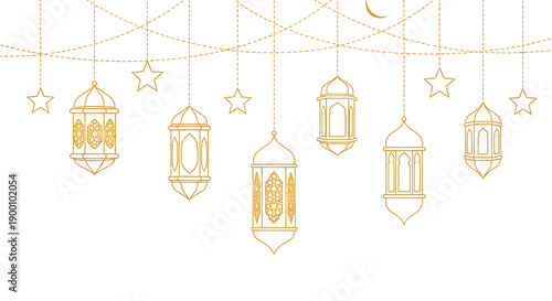 Set of five golden hanging lanterns with intricate designs isolated on transparent background