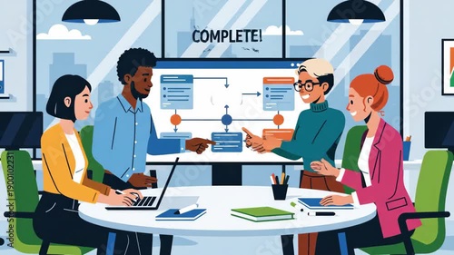 Diverse team collaborating successfully in a modern office complete project review and approval diverse business team meeting