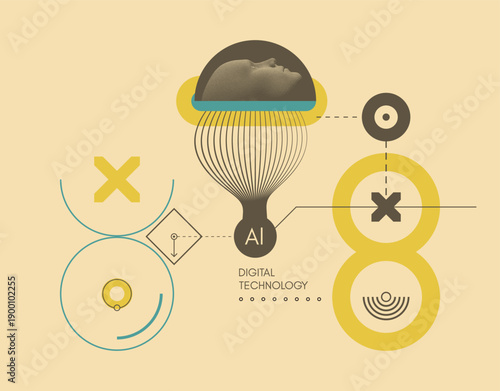 The concept of loading, collecting, and processing data. Artificial intelligence. Future technologies. A human face. Space for text. 3D illustration for brochure, poster, cover, presentation or banner