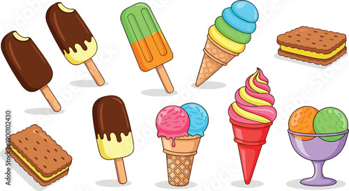 Colorful Ice Cream and Frozen Treats Illustration Featuring Popsicles Soft Serve Cones Scoops Sorbet and Sweet Dessert Sandwiches for Summer Food Design