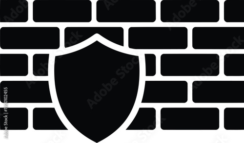 Network security firewall protection icon with brick wall and shield symbolizing cyber defense and data safety measures
